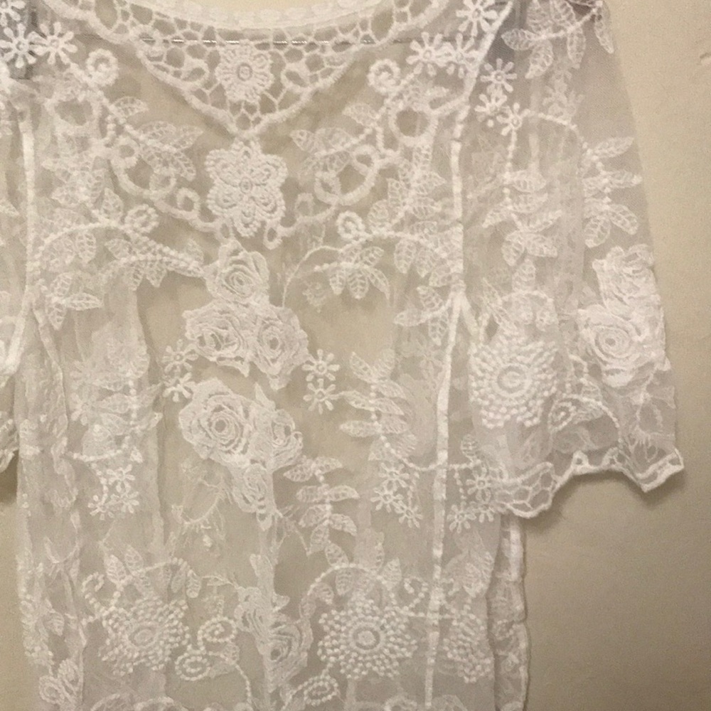 White embroidered lace detail open cardigan - Picture 5 of 8